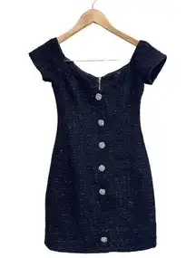 AQUA Tweed Mini Dress Size Extra Small Short Sleeve Black Metallic V-Neck NWT