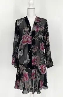 Citron Santa Monica Floral Butterfly Black Pink Open Cardigan Robe Kimono Size S