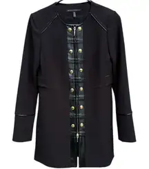 EUC White House Black Market Faux Leather Trimmed Long Line Duster Jacket Top XS