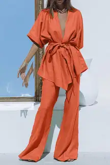 Commense Oversized Linen Tied Two Piece Pants Set size small