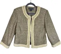 Josephine Chaus Tan Tweed Crochet Beaded Trim Silk Blend Blazer Size 12