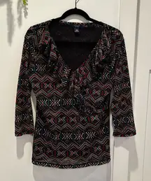 Chaps Women's Euro Geometric Print V -Neck Ruffle Collar Micro Mesh Top Size XL