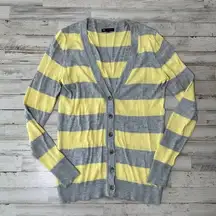 Vtg Y2k GAP Gray Yellow Colorblock Stripe‎ Cardigan Sweater Cashmere Womens Med