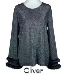 Oliver Metallic Silver Black Faux Fur Party Event Date Night Top NWOT Size L