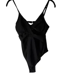 NWT Cupshe Black One Piece Swimsuit Medium Criss Cross Ruched Sheer Mesh Accents