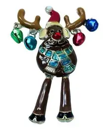 Rudolph The Red Nose Reindeer Christmas Pin Brooch Dangle Legs Ornament Dangles