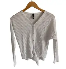 Alya Waffle Knit Long-sleeve Soft White Knot Tie Front Top