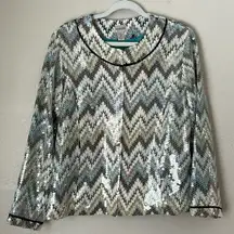 Chicos Ikat Meow Jewel Sequin Jacket Size 2 US 12 Chevron in Seascape Lined