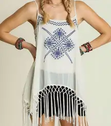 Ivory & Blue Embroidered Fringe Festival Tank Top Size Medium