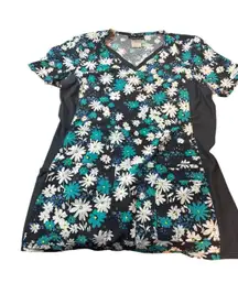 Cherokee medical Scrub Top Size Small -Teal White Floral w/stretch Sides