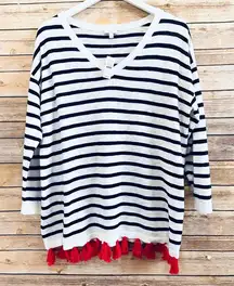 Talbots Sweater Women’s Large Stripe Tassel Hem V-Neck Pullover Nautical NWT