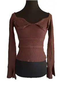 Knit Mix Brown Sweetheart Neck Crop Top Ribbed Sweater Bell Sleeve Sz S