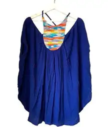 MARA HOFFMAN Navy Blue Landscape Open Shoulder Cover-up Caftan Swim Size Small