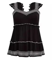 Torrid  Babydoll Crinkle Gauze Embroidered Tiered Top black & white sleeveless 1x