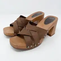 VINTAGE The Leather Collection Brown Square Toe Clog Wood Heels