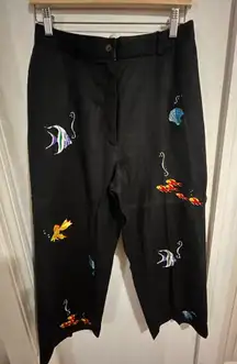 Linen embroidered black cropped pants. Size 10. 24 inch in seam.