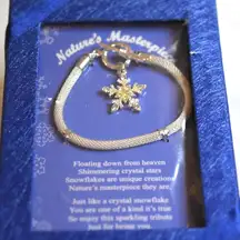 NIB Nature's Masterpiece Sterling Mesh Chain Rhinestone Snowflake Bracelet