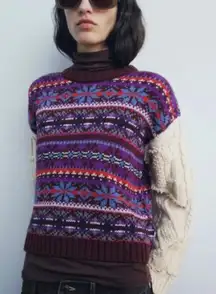 Zara Fair Isle knit pullover sweater with contrasting knit jacquard sleeves M