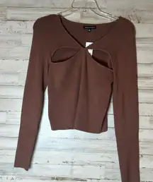 Kendall & Kylie Cutout Long Sleeve Ribbed Knit Top Women's S Brown NWT