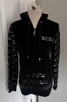 Y2K BLACK BCBG VELOUR SILVER SEQUIN ZIP‎ UP HOODIE