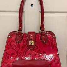 Madi Claire Red Embossed Genuine Leather Satchel Handbag With Feet