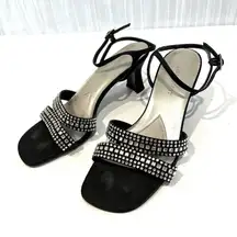 Karen Scott Black Satin Rhinestone Strappy Heels Sparkle Sz 6.5 Leather Soles