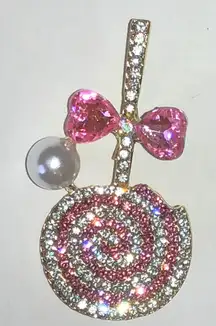 Pink and Gold Tone Rhinestone Faux Pearl Accent Lollipop Brooch