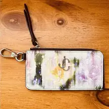 Jimmy Choo Coin Case Wallet Zip-Around Floral Pattern LISE-Z Card Holder Purple