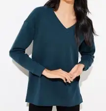 ANN TAYLOR LOFT V-Neck Tunic Sweatshirt Solid Teal Blue 100% Cotton Pullover S