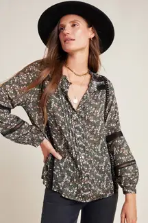 Dolan Anthropologie Lorien Lace Peasant  Floral Print Long Sleeve Blouse Top Med