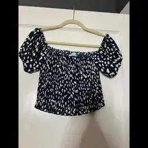 She and Sky Anthropology brand navy and cream off the shoulder smocked crop top