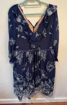 Marchesa Notte Floral Embroidered‎ Dress Navy Silver NWT Sz 16