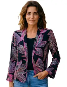 Nine West Women's Black Tropical Leaf Print Blazer Jacket Size 12