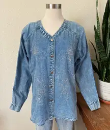 Vintage 90s Denim Embroidered Floral Beaded Boho Shirt long sleeve large