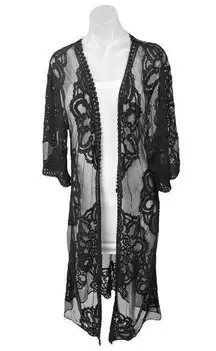 Rachel Zoe Black Lace Sheer Embroidered Boho Swim Coverup Kimono Cardigan Sz S