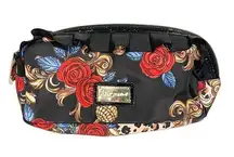 Betsey Johnson Black Floral Ruffle Trim Cosmetic Travel Pouch Full Zip