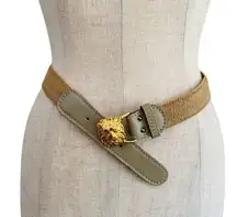 Anne Klein VTG Lion Head Buckle Beige Brown Stretch Cinch Belt Elastic Leather M