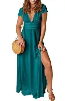 NEW Deep V Neck Pleated High Waist Slit Maxi Dress L