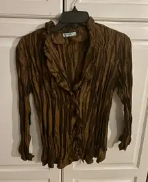 VIOLIN Women's Brown Crinkle Pleated Long Sleeve Button‎ Up Shirt Top Size S