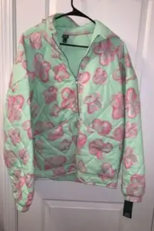 Wild Fable Jacket Womens Large Green Pink Full Zip Quilted Floral Coat
