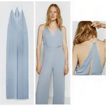 Zara Basic Light Blue Surplice Wide Leg Loose‎ Sexy Back Jumpsuit Size M