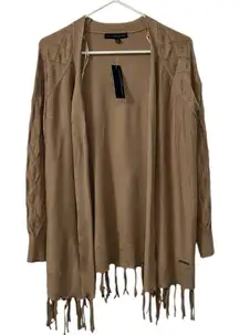 Adrienne Vittadini Tan Fringed Open Front Cardigan(Size Medium)