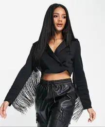ASOS DESIGN Jersey Tux Crop Suit Blazer with Fringe Detail - Black - Size 6 -EUC