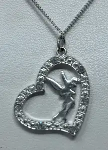 Disney Tinker Bell Heart Jeweled Silver‎ Plated Necklace/Pendant 9" Long