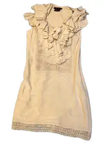 Sheri Bodell 100% Silk Ruffle Mini Dress • Cream Boho Lace • Party / Resort XS