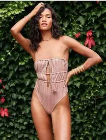 NEW Ramy Brook Marta Sparkle Knit Shirred One Piece Swimsuit Seashell Pink Small