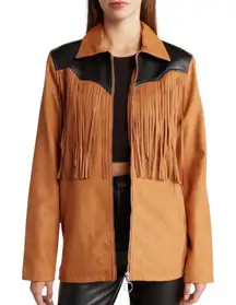 WeWoreWhat Fringe Western Faux Suede Jacket Acorn Brown and Black Medium NWT