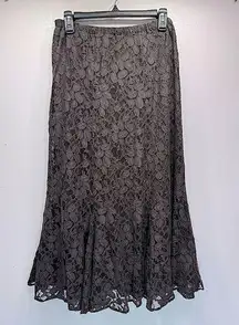 Chico’s Charcoal Gray Silk Lined Lace Overlay Mermaid Cut Maxi Skirt Size 1/M