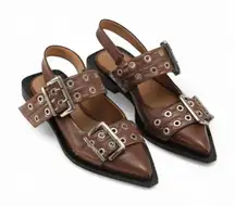 Ganni Feminine buckle ballerinas Brown Leather Slingback Pointed Flats 39 $425‎