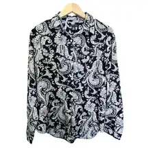 TOMMY HILFIGER Button Down Blouse Shirt Floral Paisley Blue Long Sleeves Small